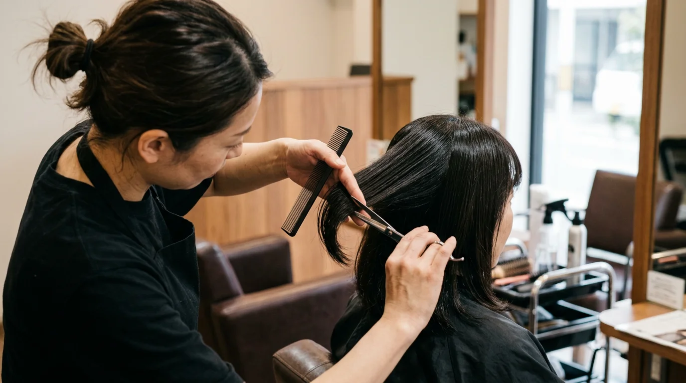 ヘアカラーの施術で髪に薬剤をなじませる美容師の手元