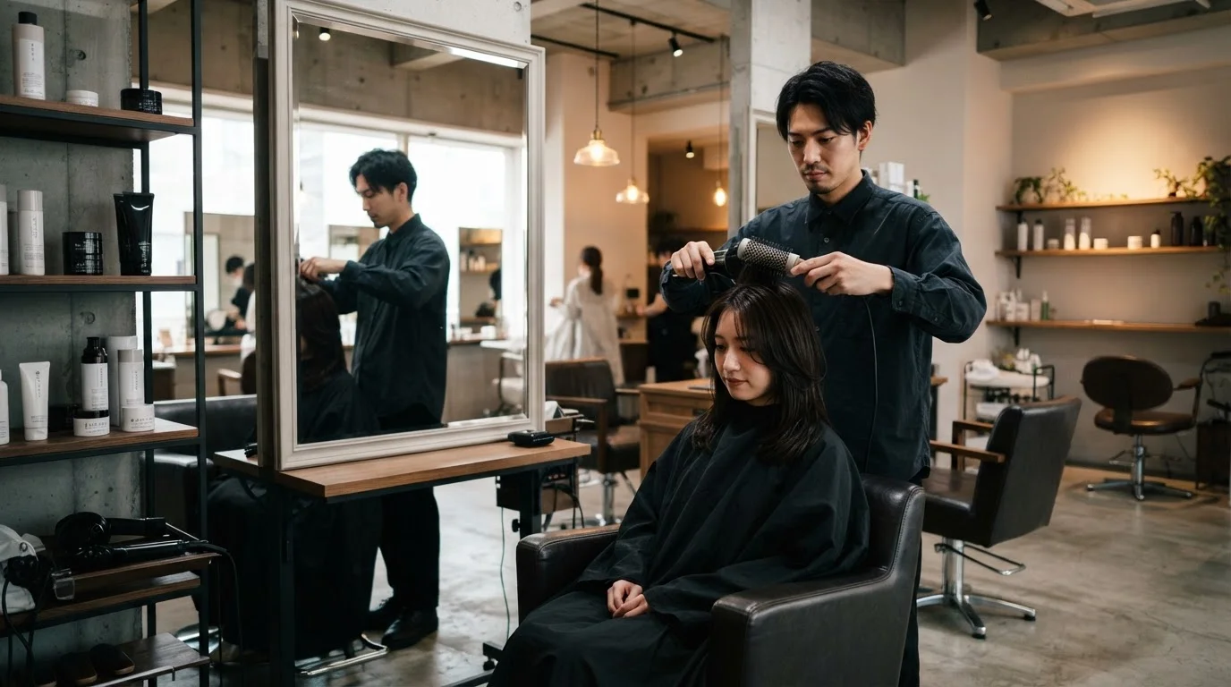 美容室のセット面に置かれたヘアケア用品と鏡